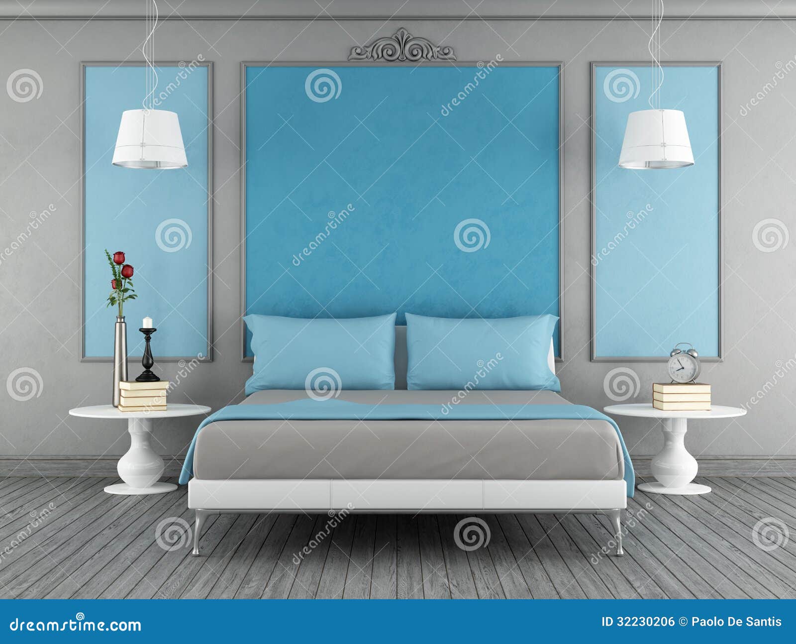 Blaues Und Graues Schlafzimmer Stock Abbildung - Illustration von grau