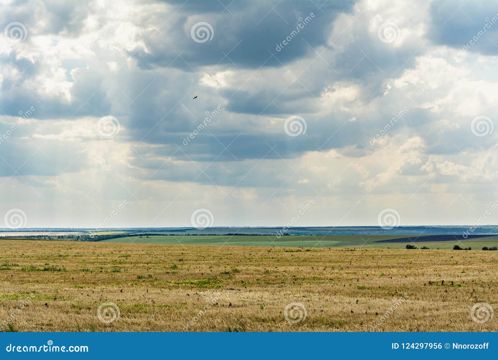 Blauwe hemel met wolken, gebied met vernietigd gras en groene vegetatie, de zomer bewolkte dag, aardlandschap