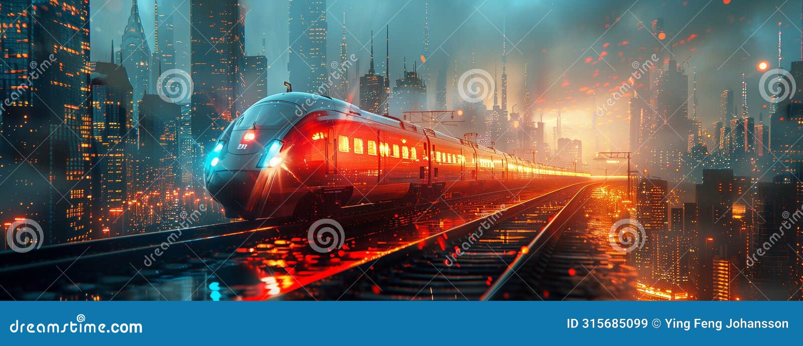 a blazing fast train streaks through a nocturnal city, its lights illuminating the urban landscape.