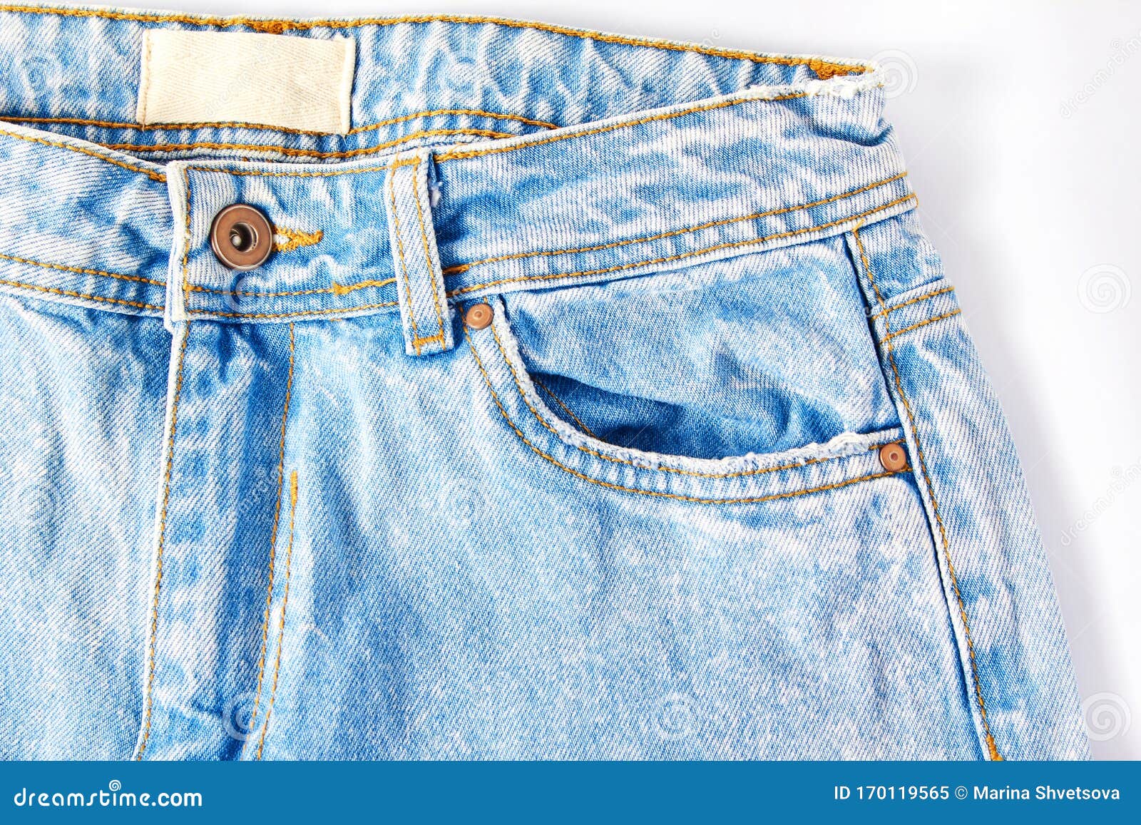 Bleached Blue Women`s Jeans on a White Background, Trouser Pocket Close ...