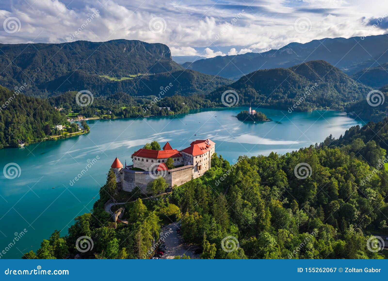 bled, slovenia - aerial drone view of beautiful bled castle blejski grad with lake bled blejsko jezero
