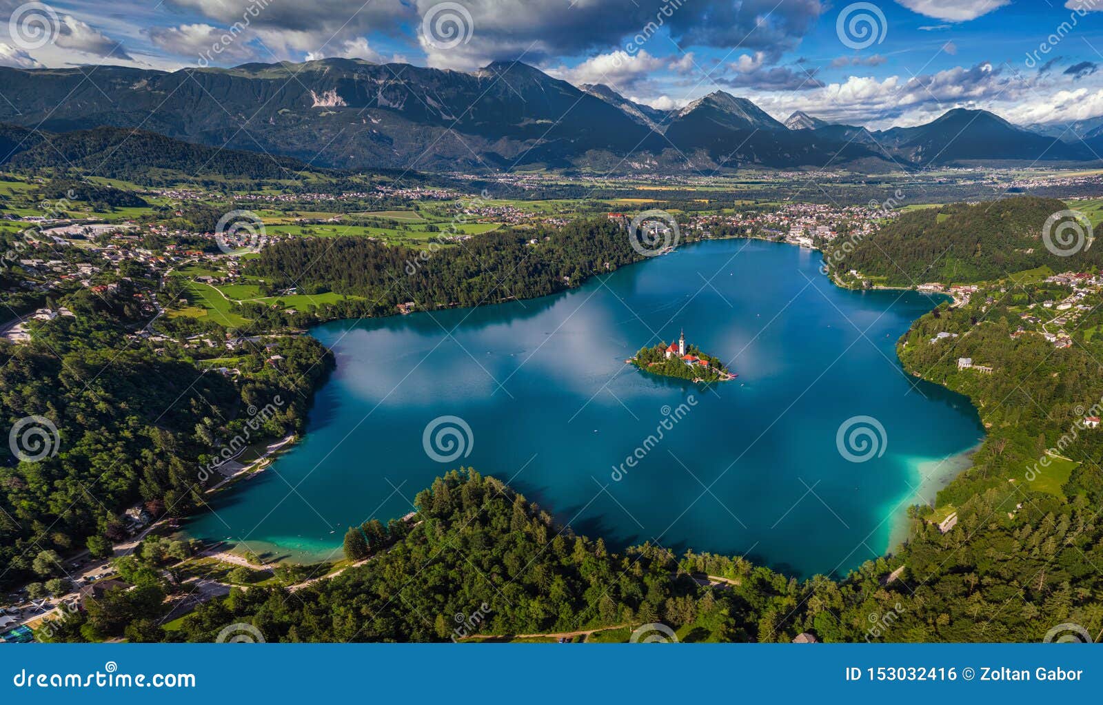 bled, slovenia - aerial panoramic skyline view of lake bled blejsko jezero from high above with the pilgrimage church