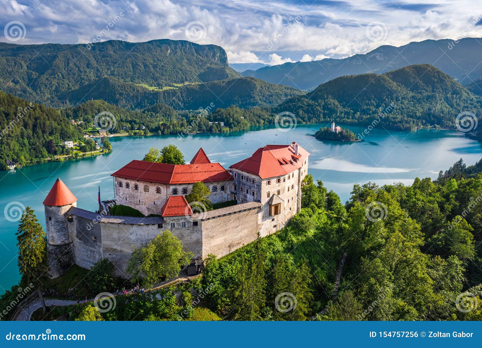 bled, slovenia - aerial view of beautiful bled castle blejski grad with lake bled blejsko jezero on a bright summer day