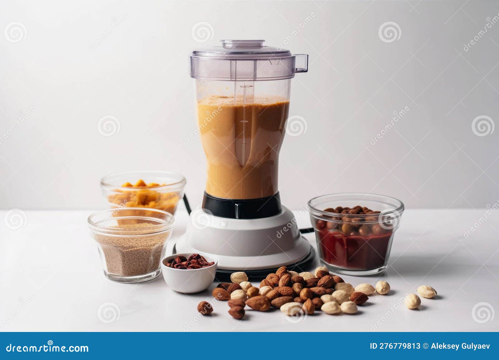 A Blender with Nuts and Peanut Butter on it AI Generation Stock