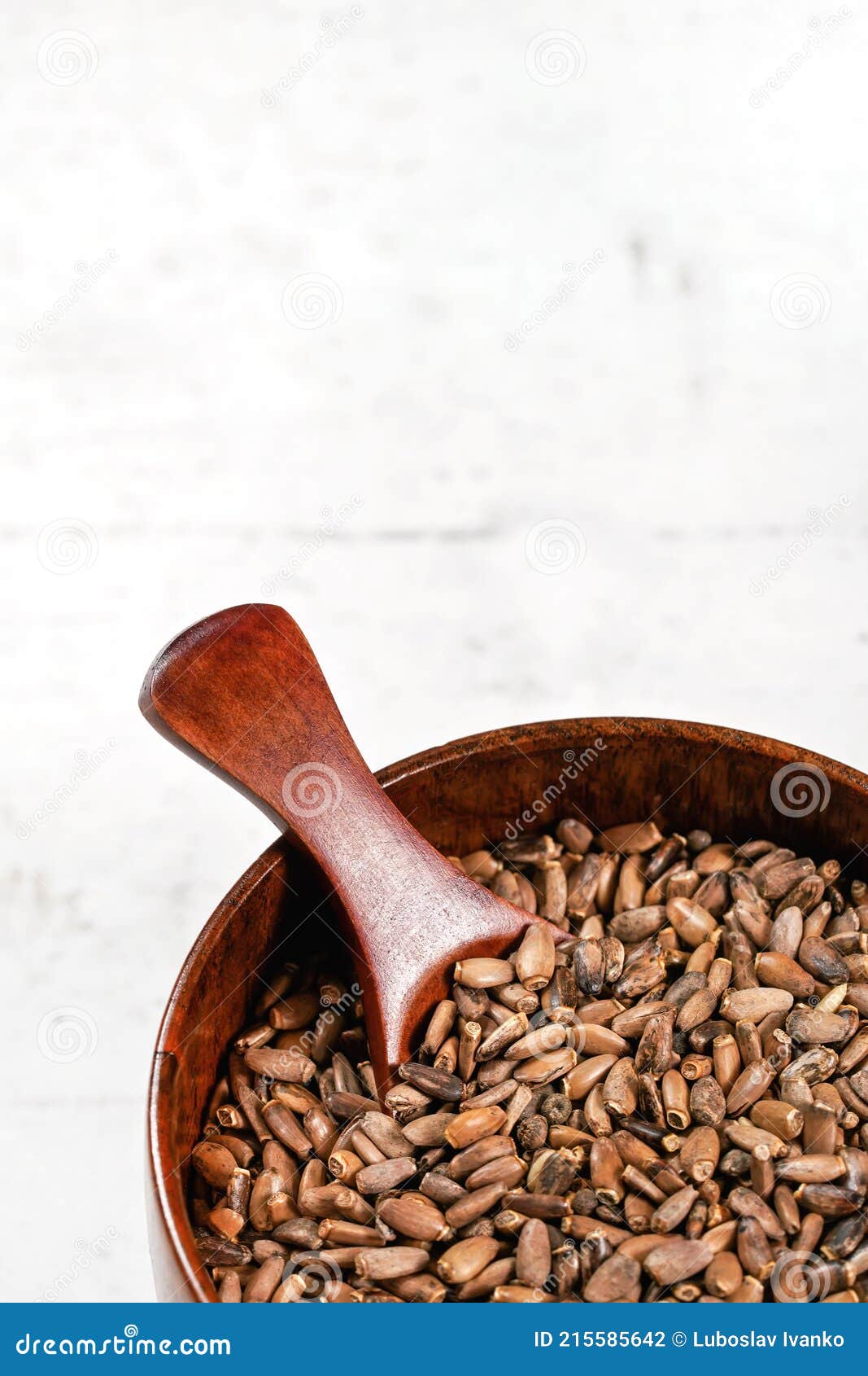 blessed milk thistle seeds - silybum marianum - in small wooden bowl with scoop on white stone like board, space for text above