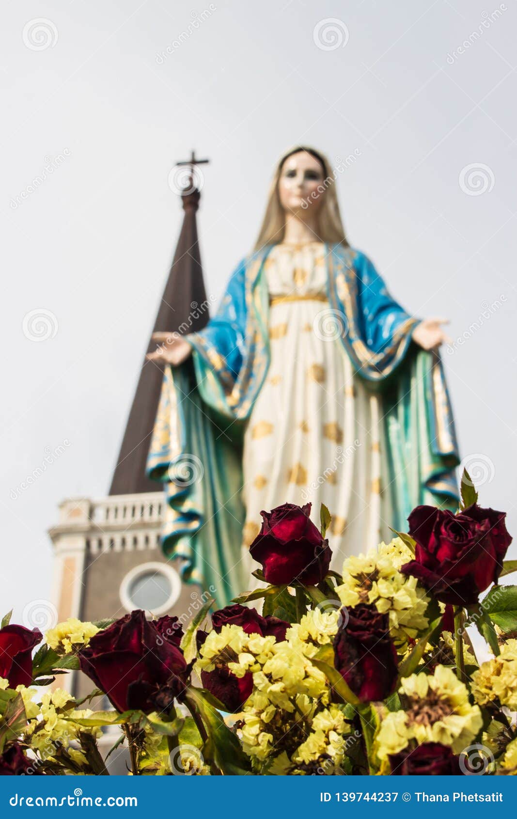 The Blessed Virgin Mary Statue and Flower of Worship Stock Image ...