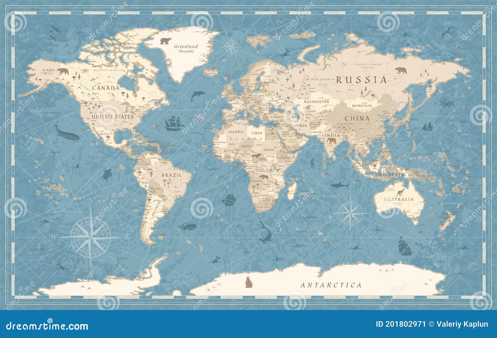 Bleu De Cru A La Carte Du Monde Et Le Beige A L Ancienne Illustration Stock Illustration Du Ameriques Nord
