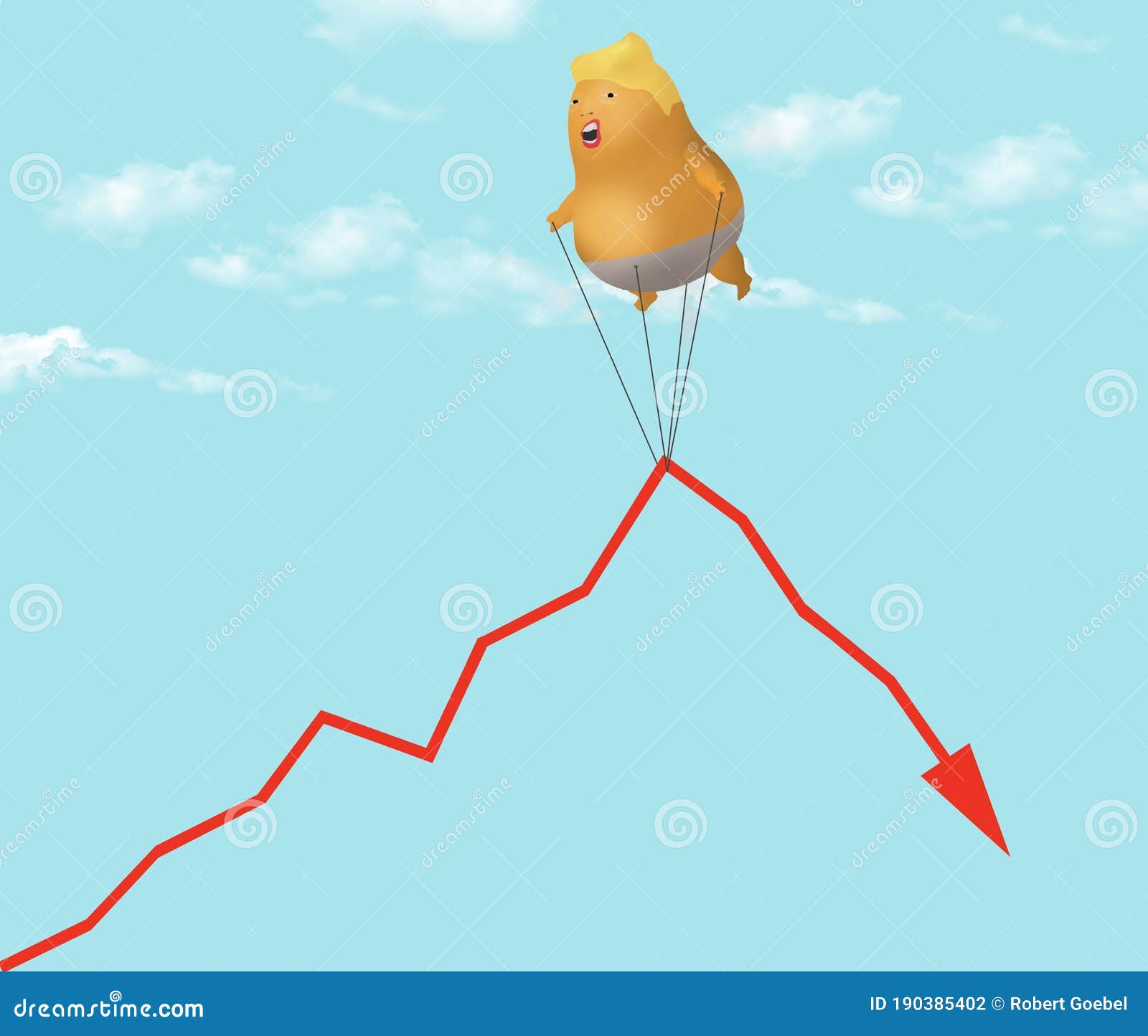 a blimp that looks like donald trump struggles to lift the graph of the stock market