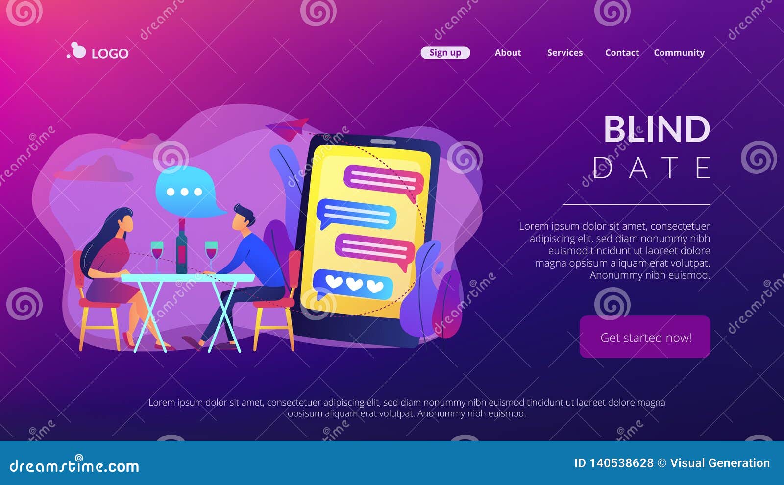 Man and woman using online dating app on smartphone and meeting at table, tiny people. Blind date, speed dating, online dating service concept. Website vibrant violet landing web page template. Stock Vector