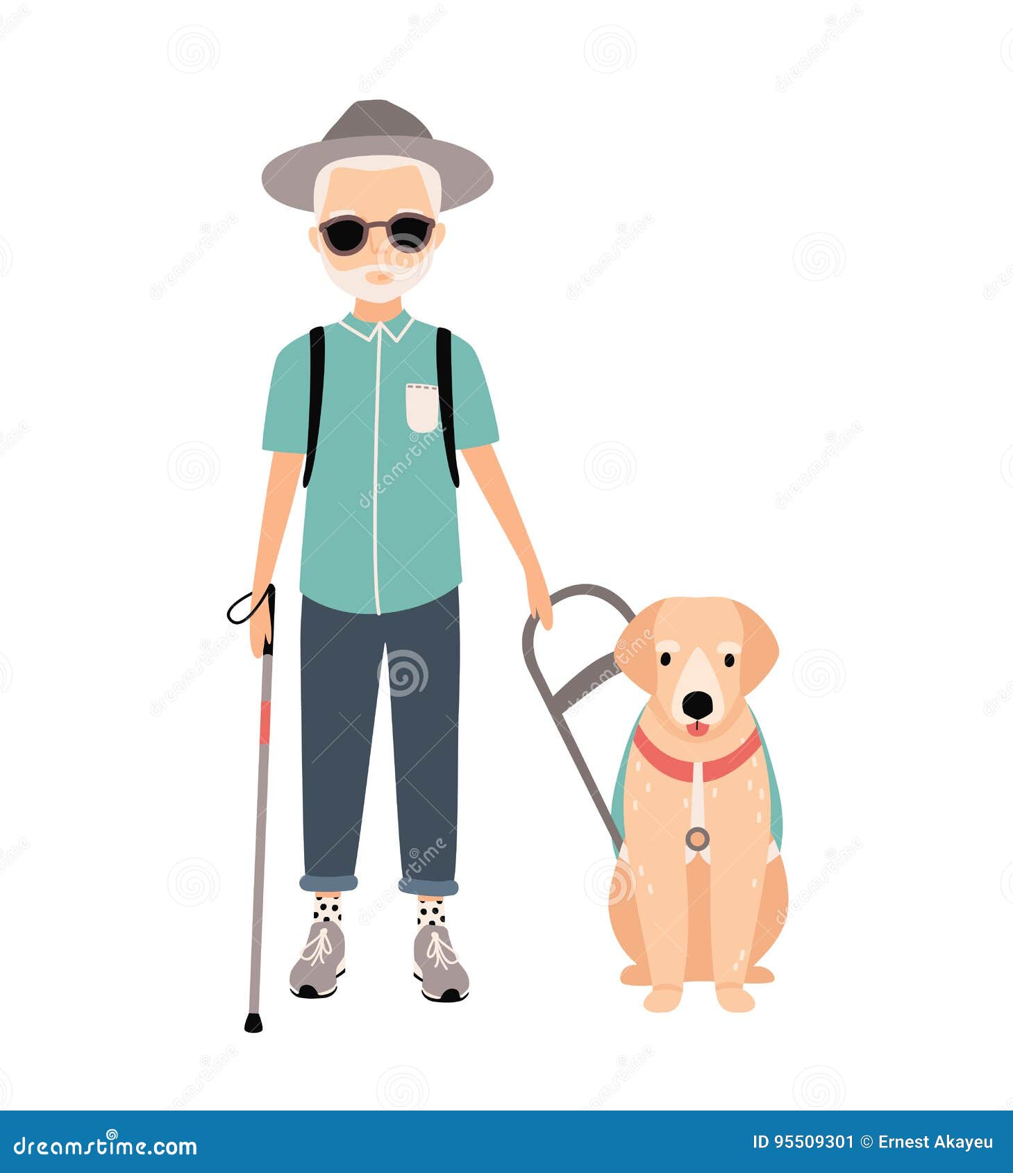 blind man. colorful image featuring visually impaired elderly with guide dog on white background. flat  cartoon