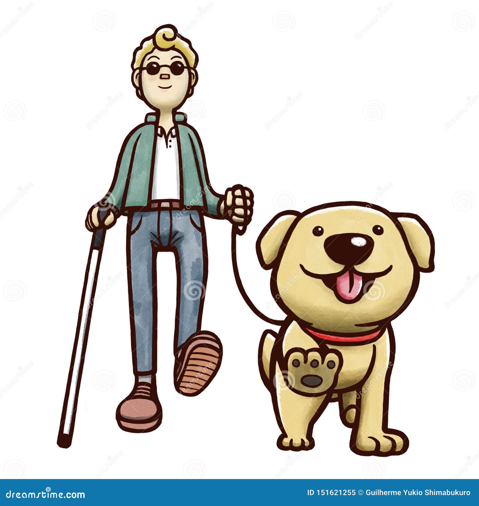Blind Man Walking with Guide Dog. Isolated on White Background. Stock  Illustration - Illustration of guide, drawing: 151621255