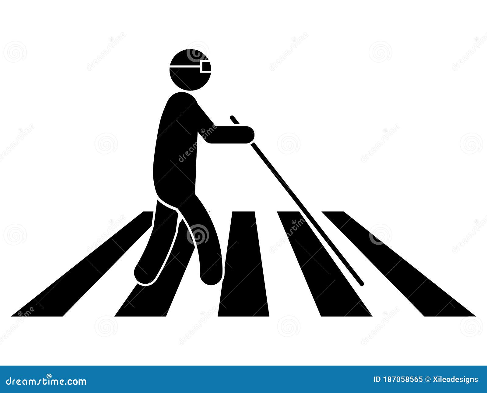blind person on crosswalk with white cane stick and glasses. black   on a white background. eps 