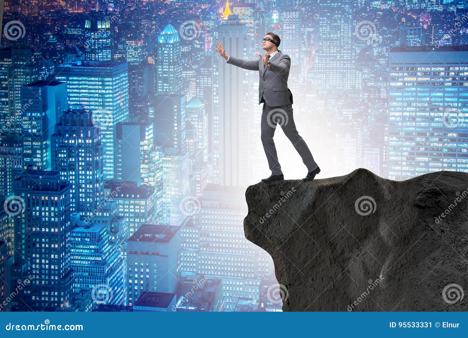 Blindfolded man walking off a cliff, conceptual image - Stock Image -  F034/1696 - Science Photo Library