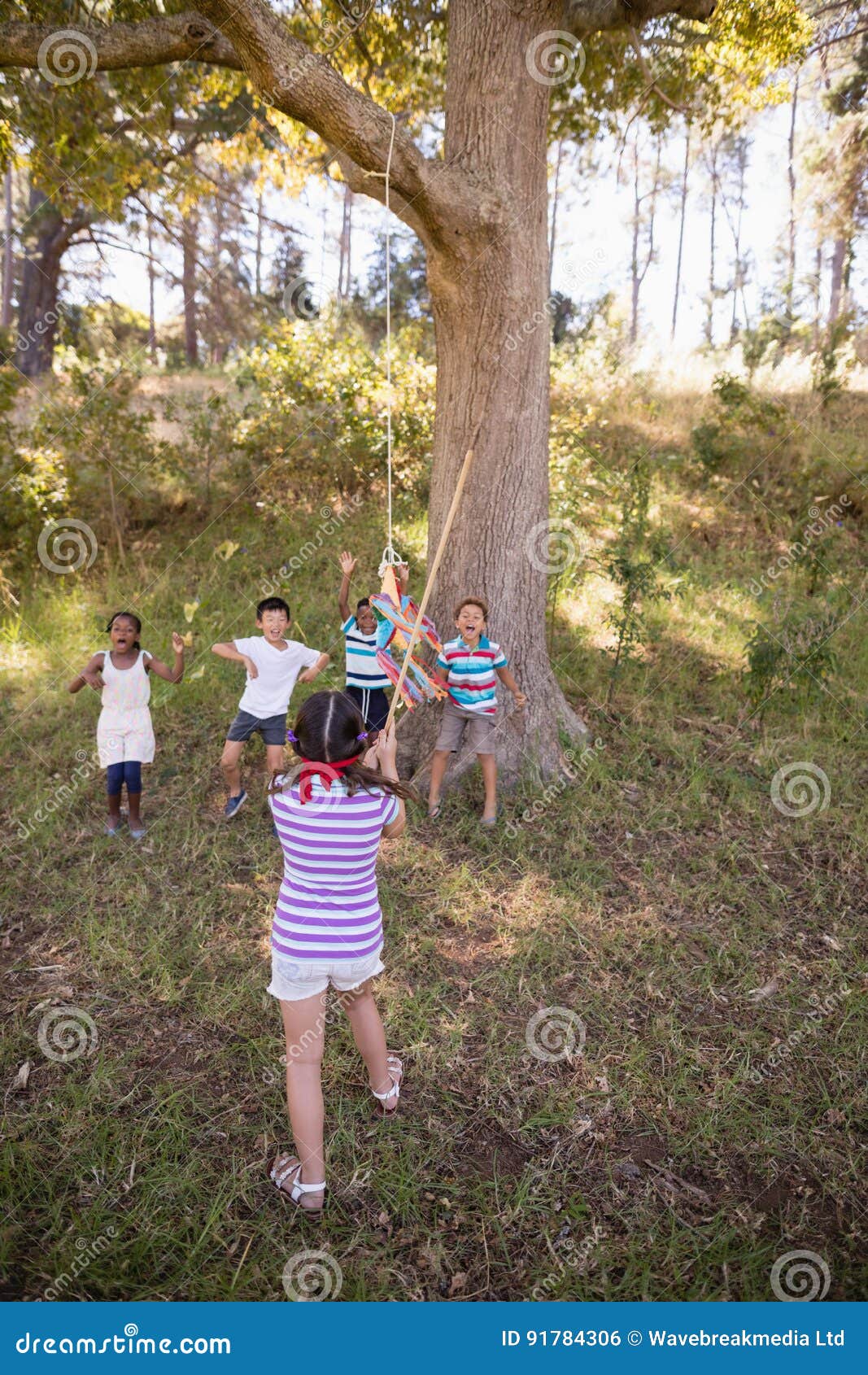 Blindfolded Girl Hitting Pinata Hanging on Tree in Forest Stock