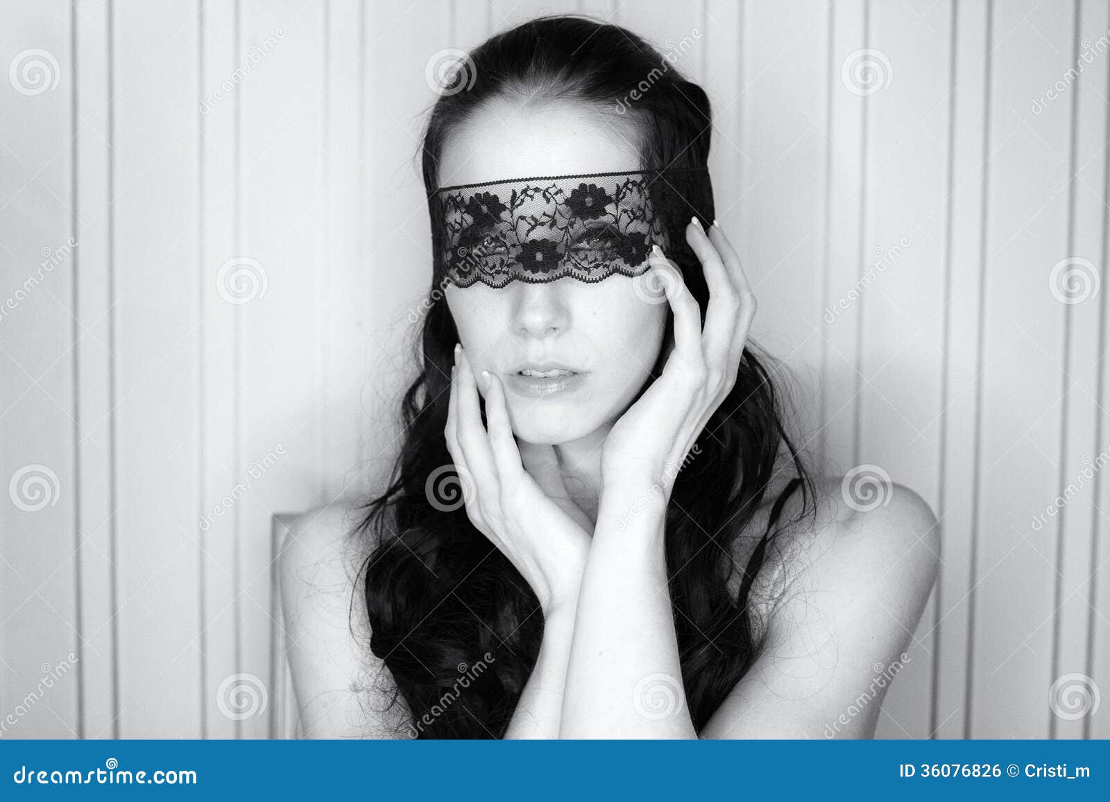 Beautiful woman portrait with blindfolded eyes. Submissive Stock Photo