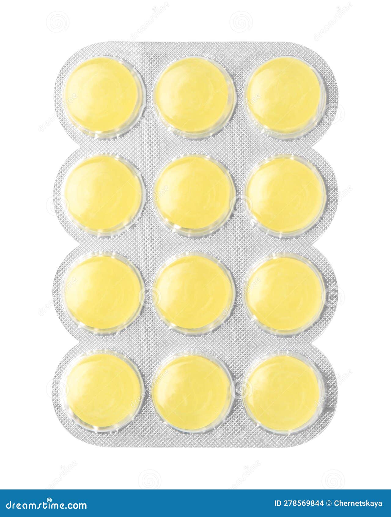 Blister with Yellow Cough Drops Isolated on White, Top View Stock Photo