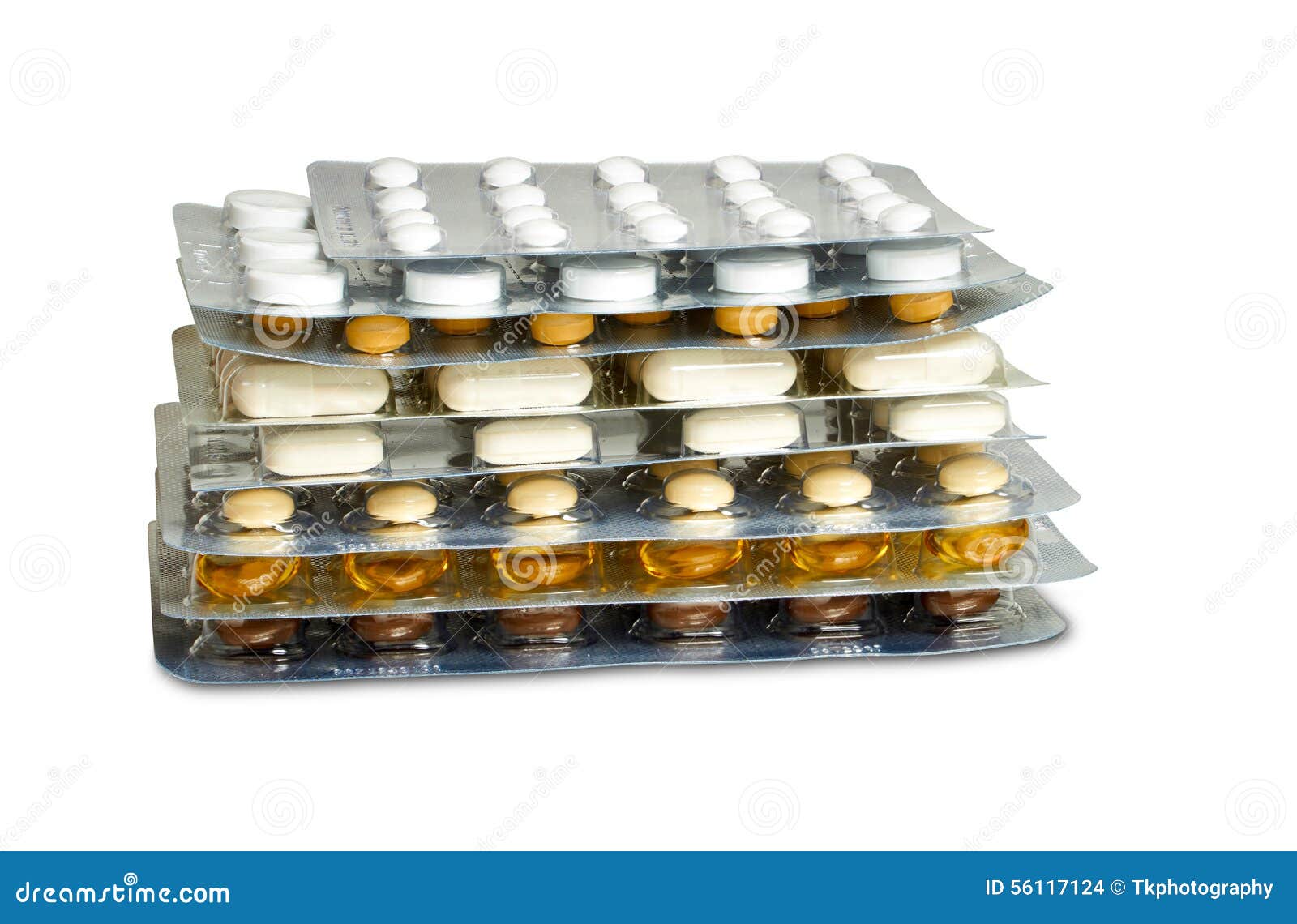 Blisterpackungen einiger Tabletten gestapelt. Blisterpackungen einiger Tabletten mit verschiedenen Pillen und kapselt gestapelt und auf weißem Hintergrund lokalisiert ein
