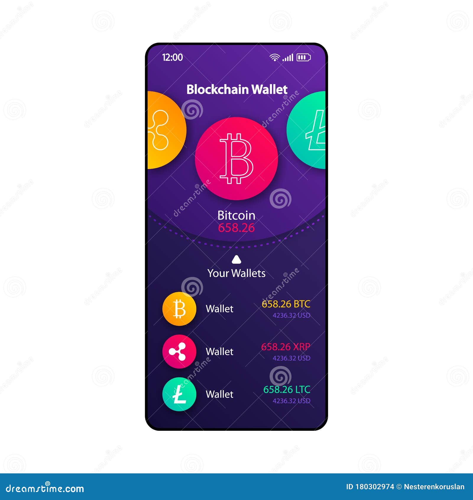 Blockchain Wallets Manager Smartphone Interface Vector Template. Mobile App  Page Violet Design Layout Stock Vector - Illustration of flat, layout:  180302974