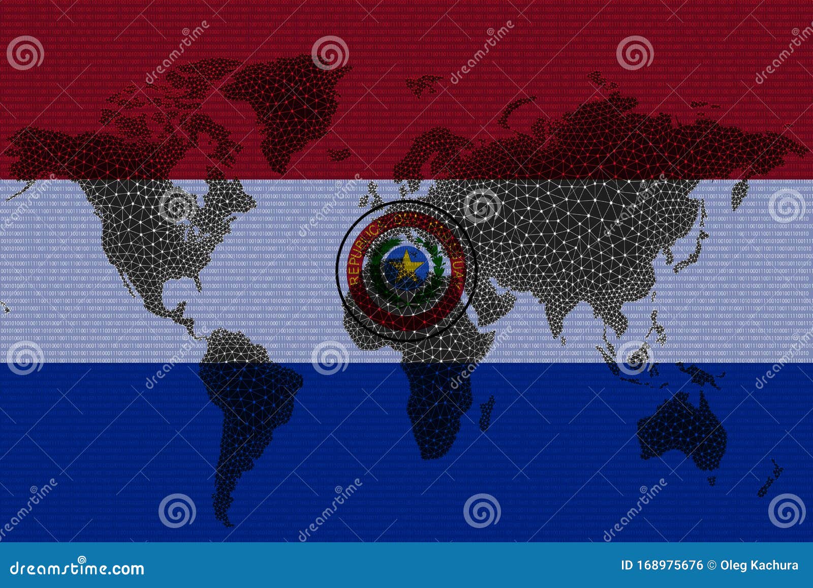blockchain world map on the background of the flag of paraguai and cracks. paraguai cryptocurrency concept