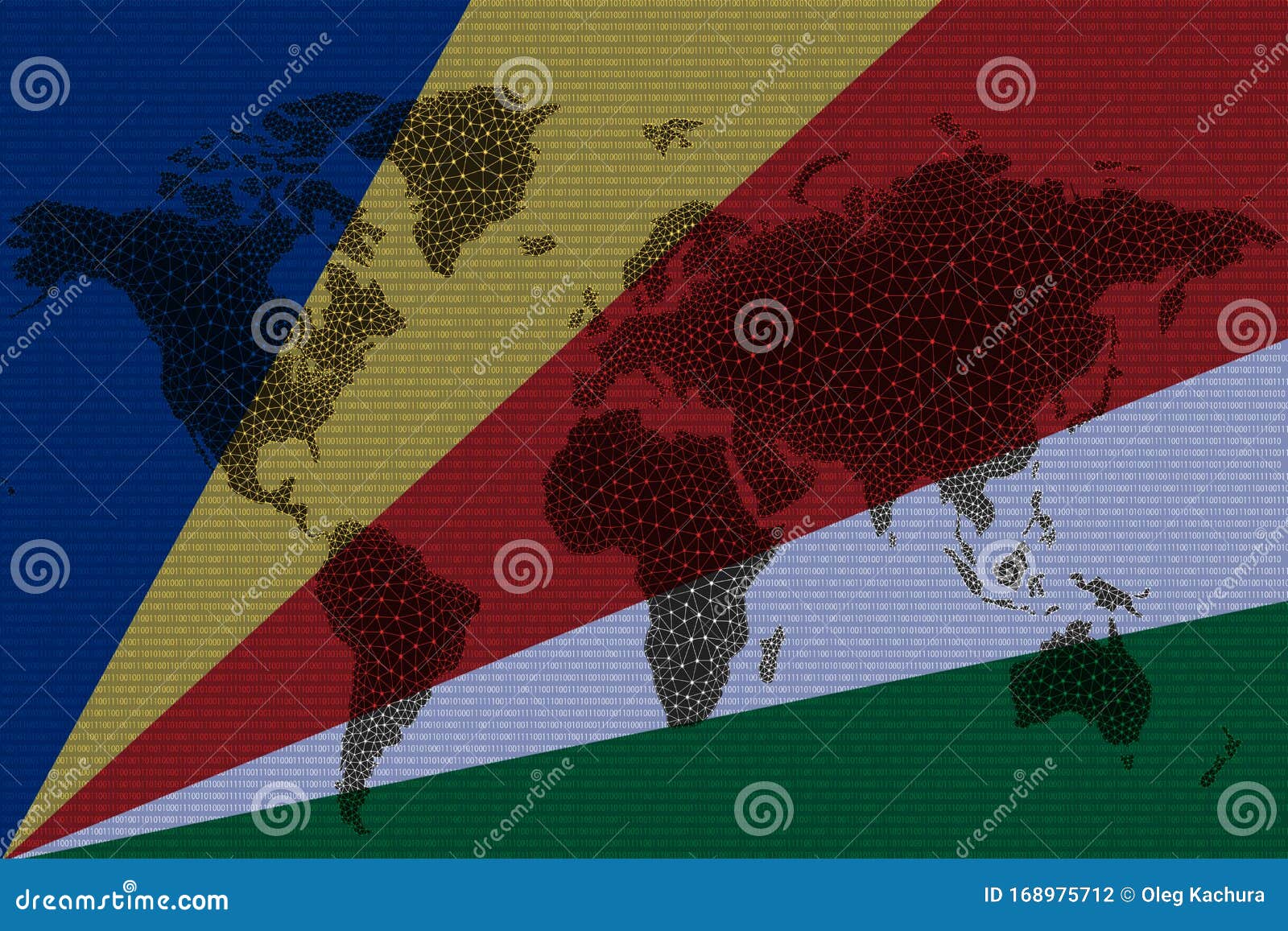 blockchain world map on the background of the flag of seychelles and cracks. seychelles cryptocurrency concept
