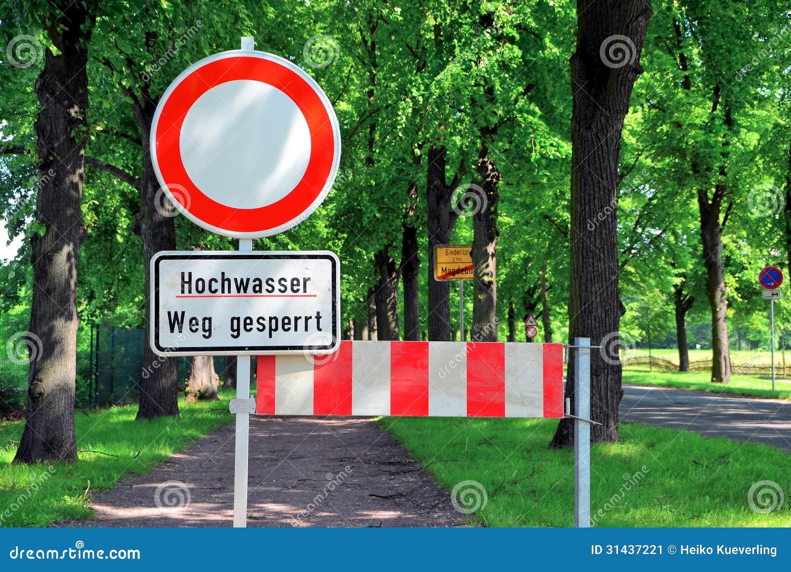 A blocked road stock image. Image of road, river, sign 31437221