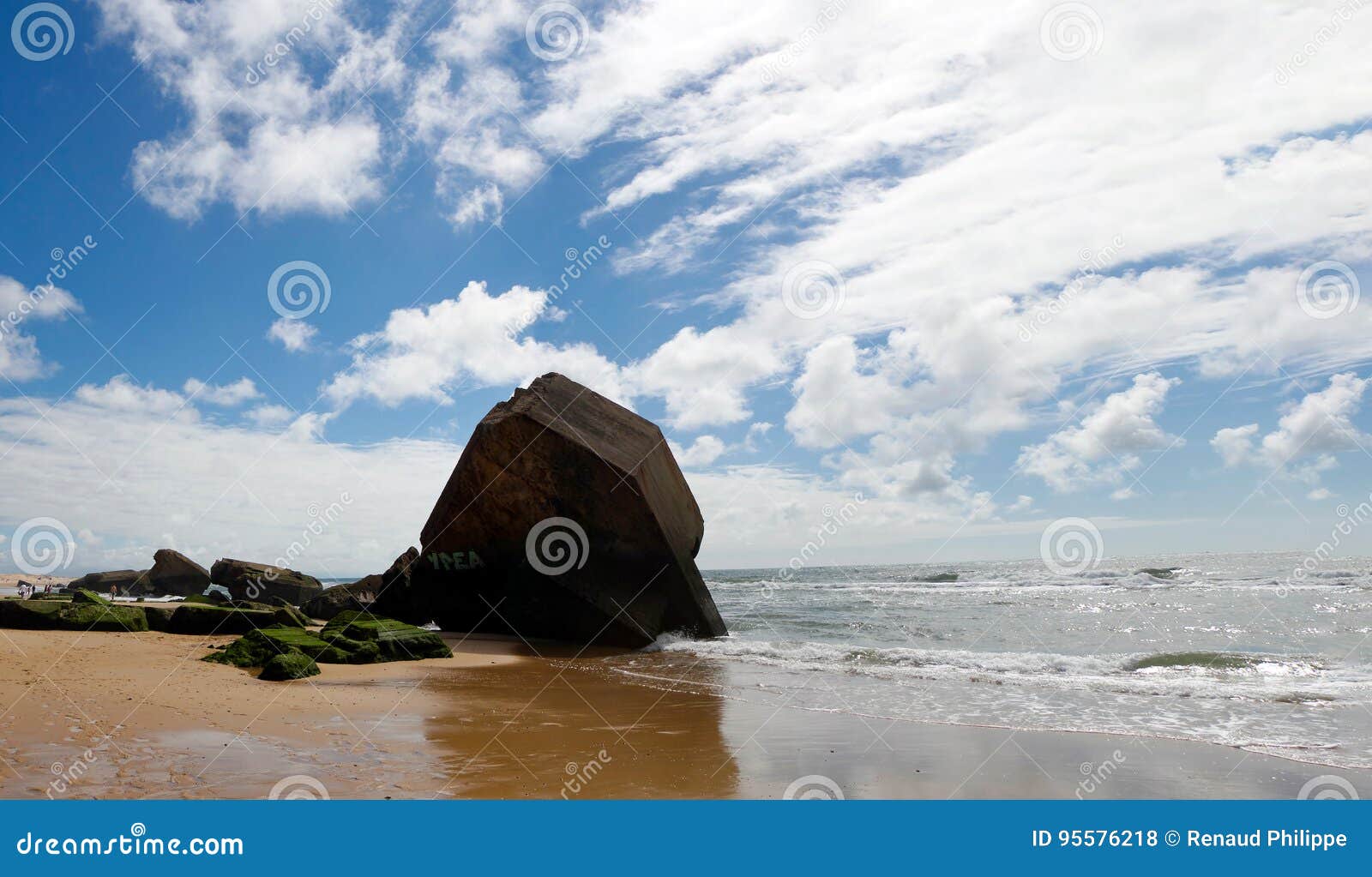 Blockhouse on the Beach with Blue Sky and Clouds Stock Photo Image of