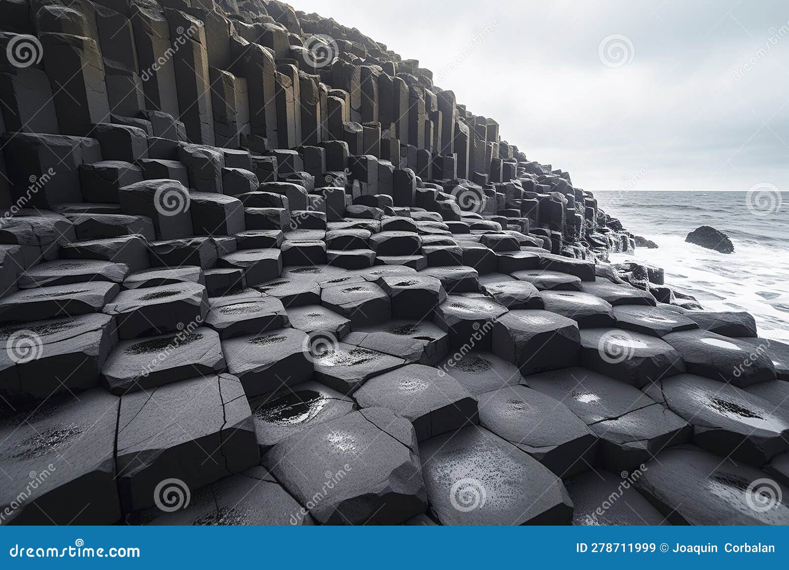 Blocks of Black Basalt, Geometrically Shaped Rocks on the Coast. Ai