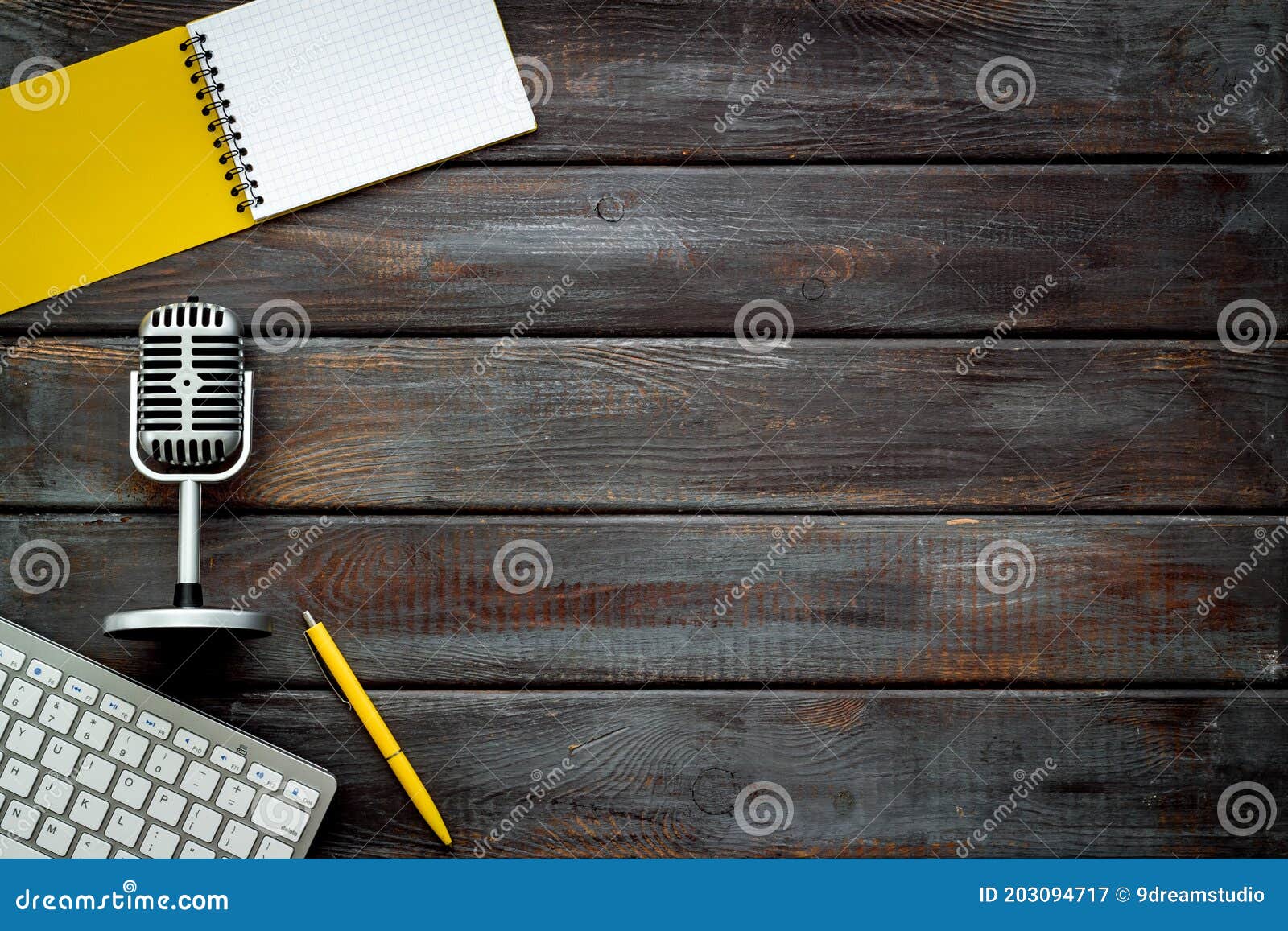 Blogger and Streamer Job with Microphone on Table, Top View Stock Image