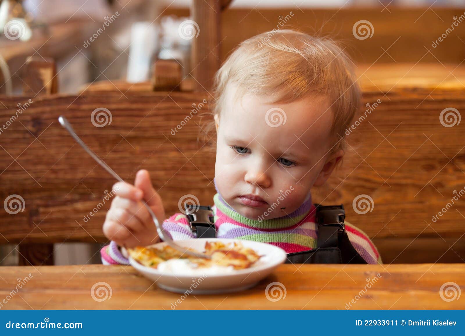 Blond Babe Eats Pancakes at a Wooden Table Stock Image Image of