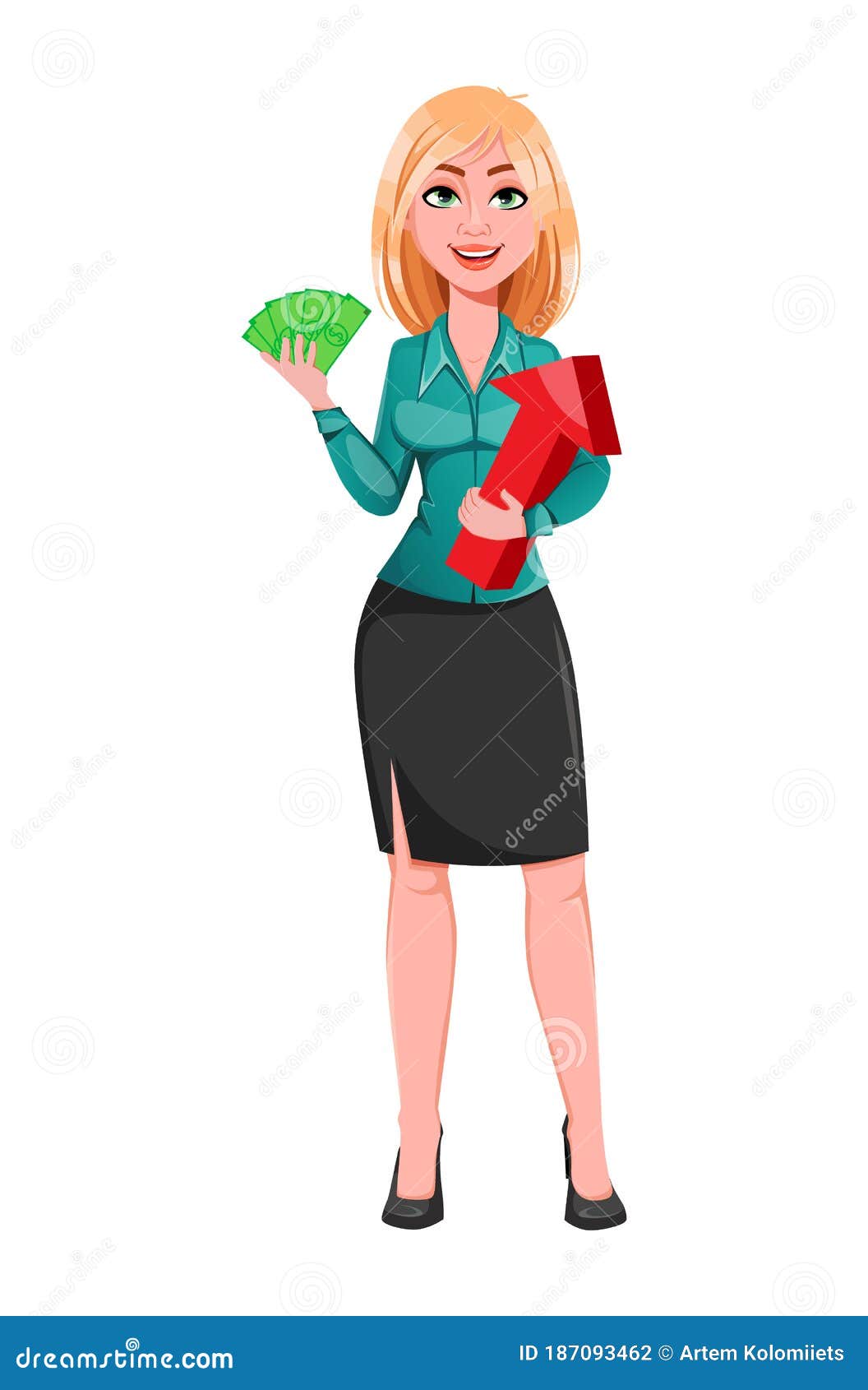 Young Successful Business Woman Holding Money and Red Arrow. Stock Vector -  Illustration of beautiful, clerk: 187093462