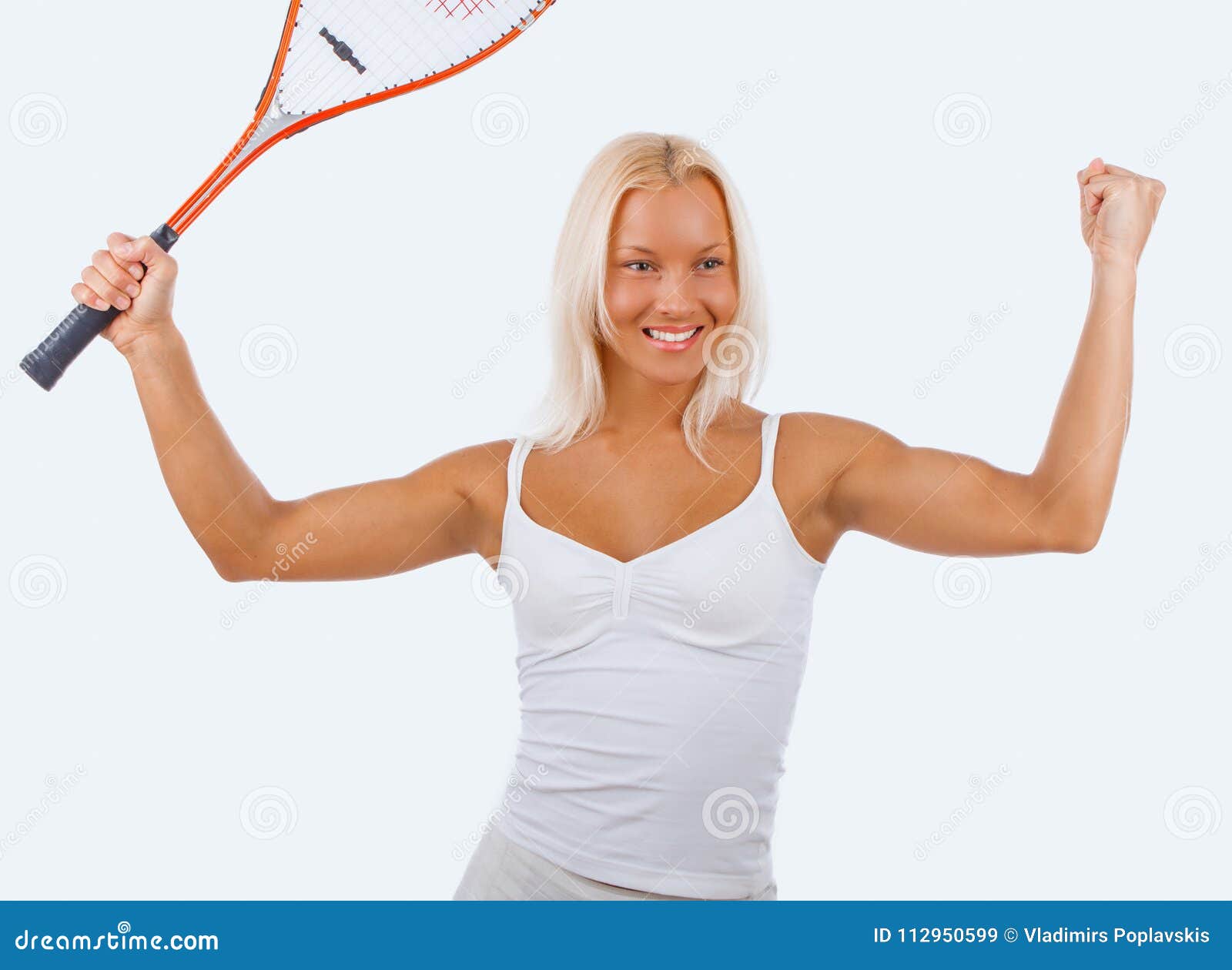 A Woman in a White Dress Holds Tennis Racket. Stock Image - Image of ...