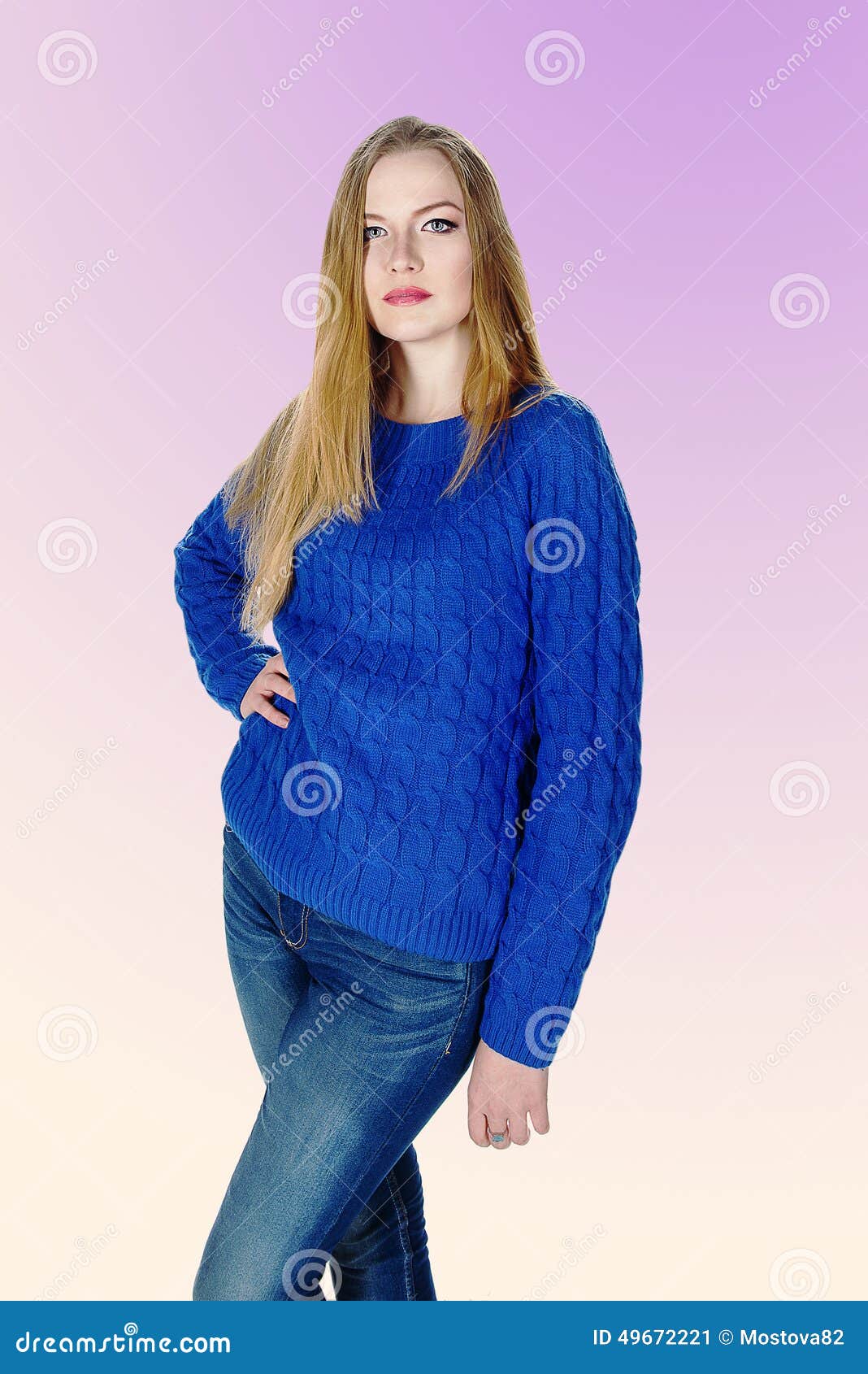 Blond Girl in Blue Sweater and Jeans Stock Image - Image of beautiful ...