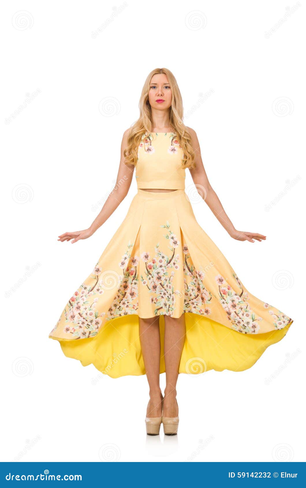 blond girl in charming dress with flower prints