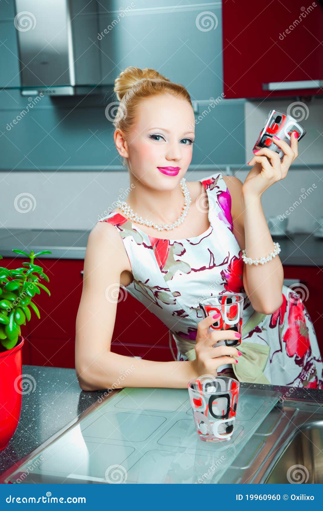 Blond Girl with Glasses in Interior of Kitchen Stock Photo Image of