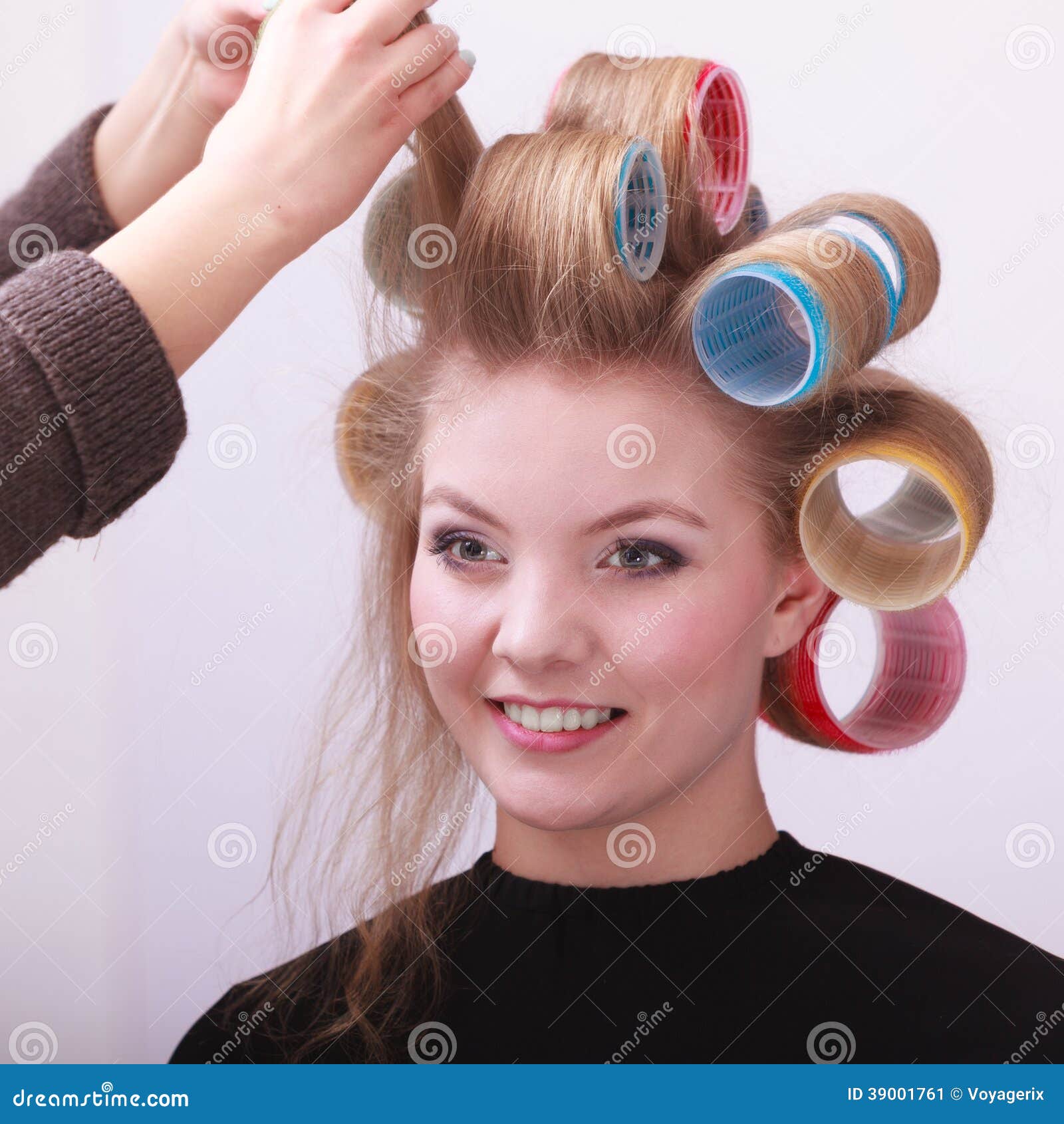 Blond Girl Hair Curlers Rollers Hairdresser Salon Stock Image