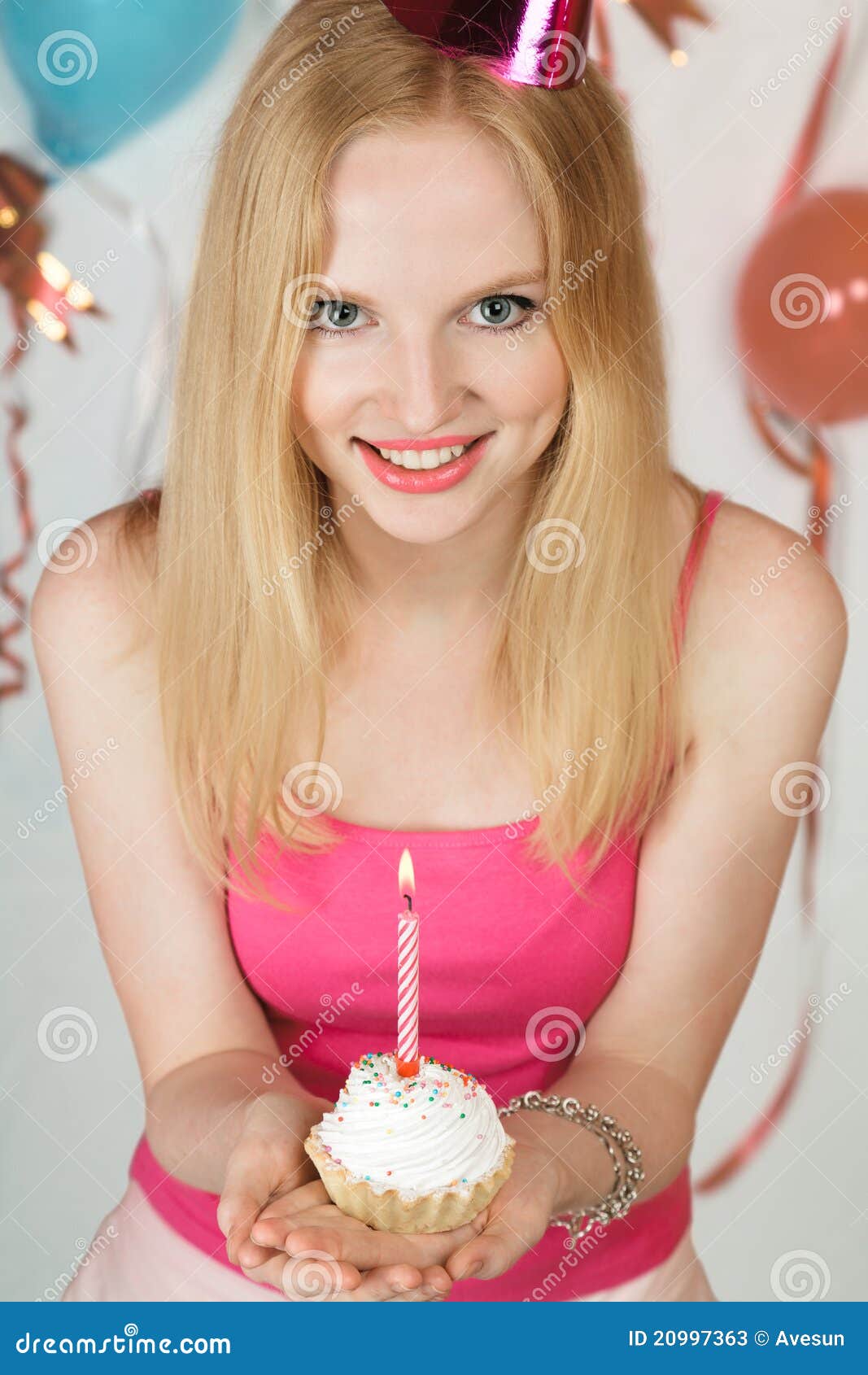 Blond Girl Holding Cake with Candle Stock Image Image of caucasian