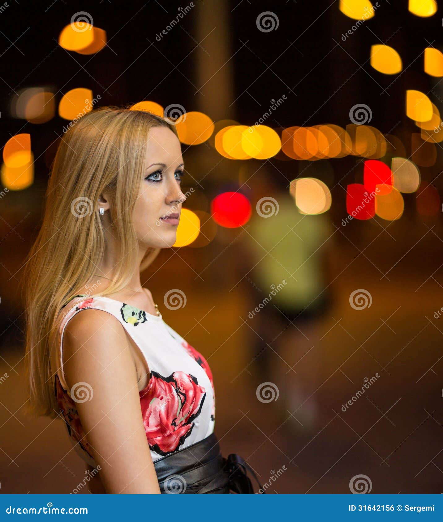 Blond girl at night city stock photo. Image of face, cute - 31642156