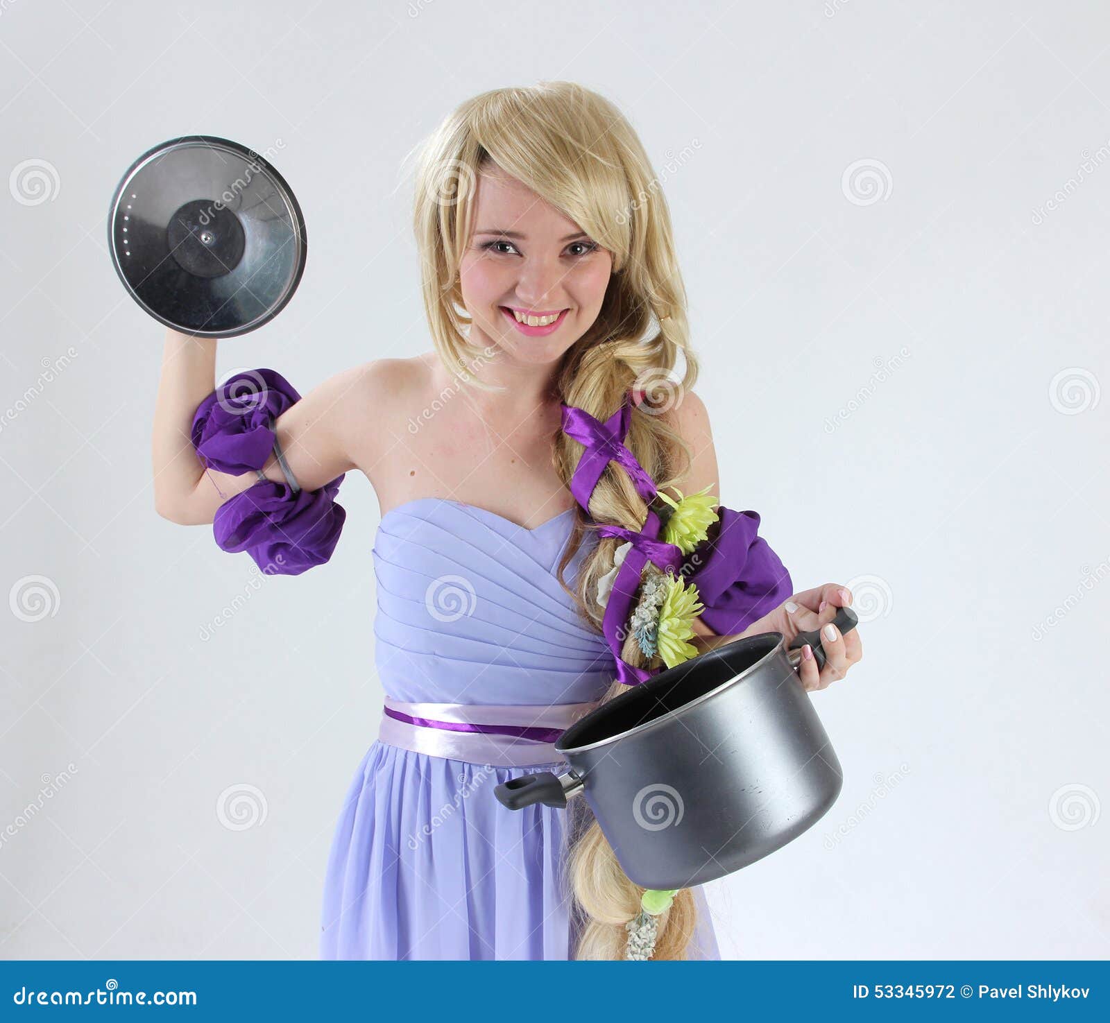 Blond girl with pan stock photo. Image of pink, human 53345972