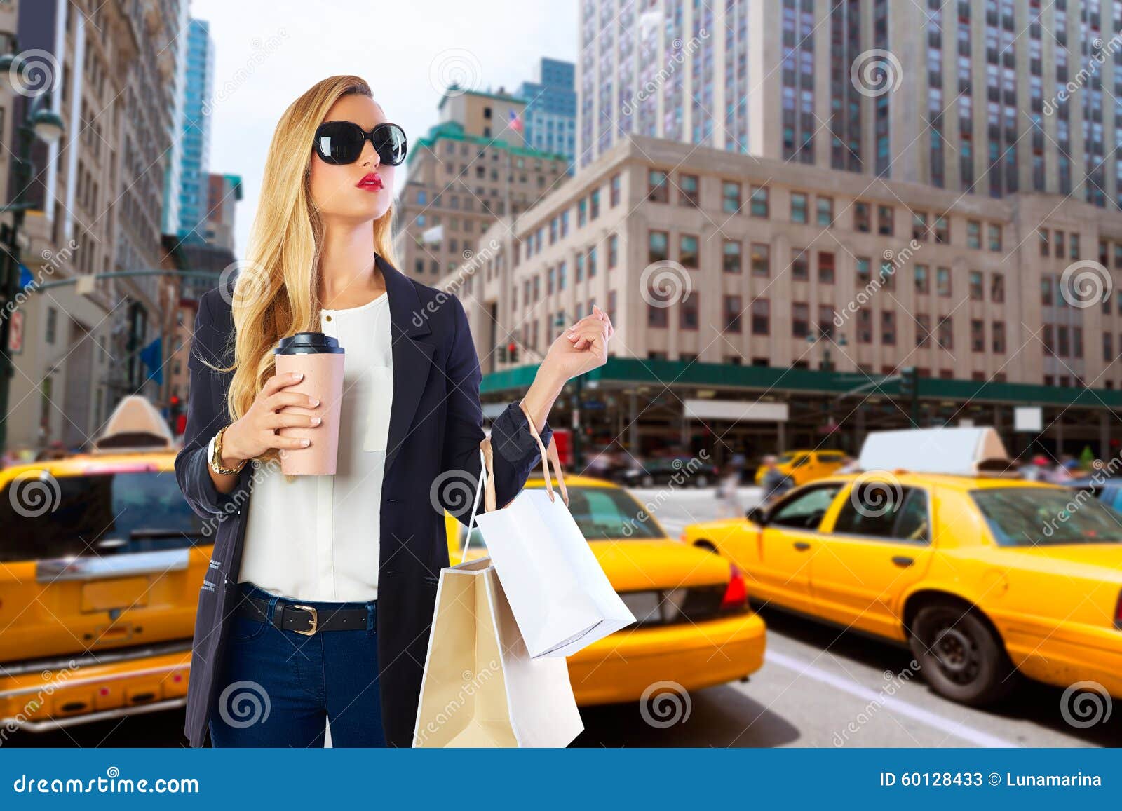 blond girl shopaholic in manhattan new york