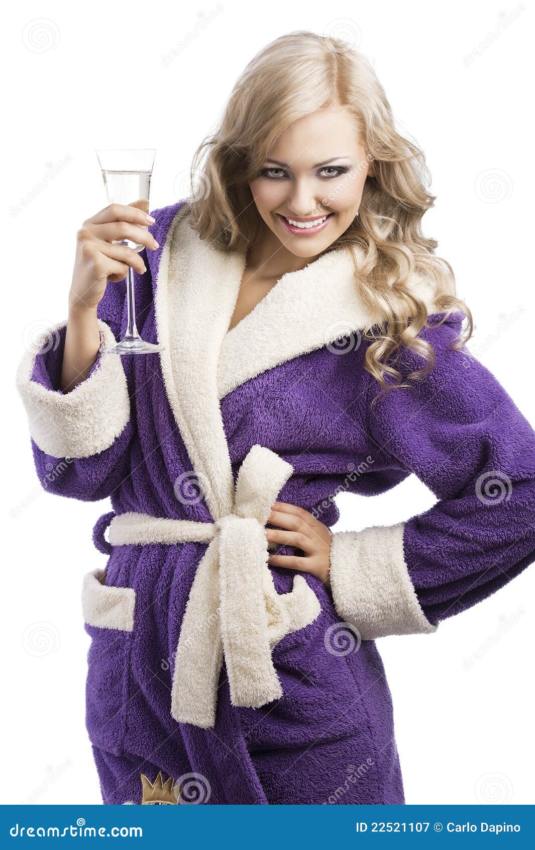 Blond Haooy Girl in Bathrobe Drinking Champagne Stock Image Image of