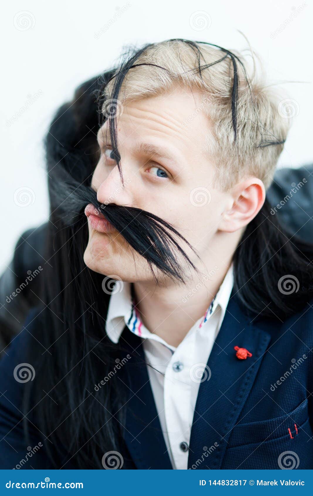 Blond Man in Formal Dress - Fake Mustache from Girlfriend`s Hairs Stock ...