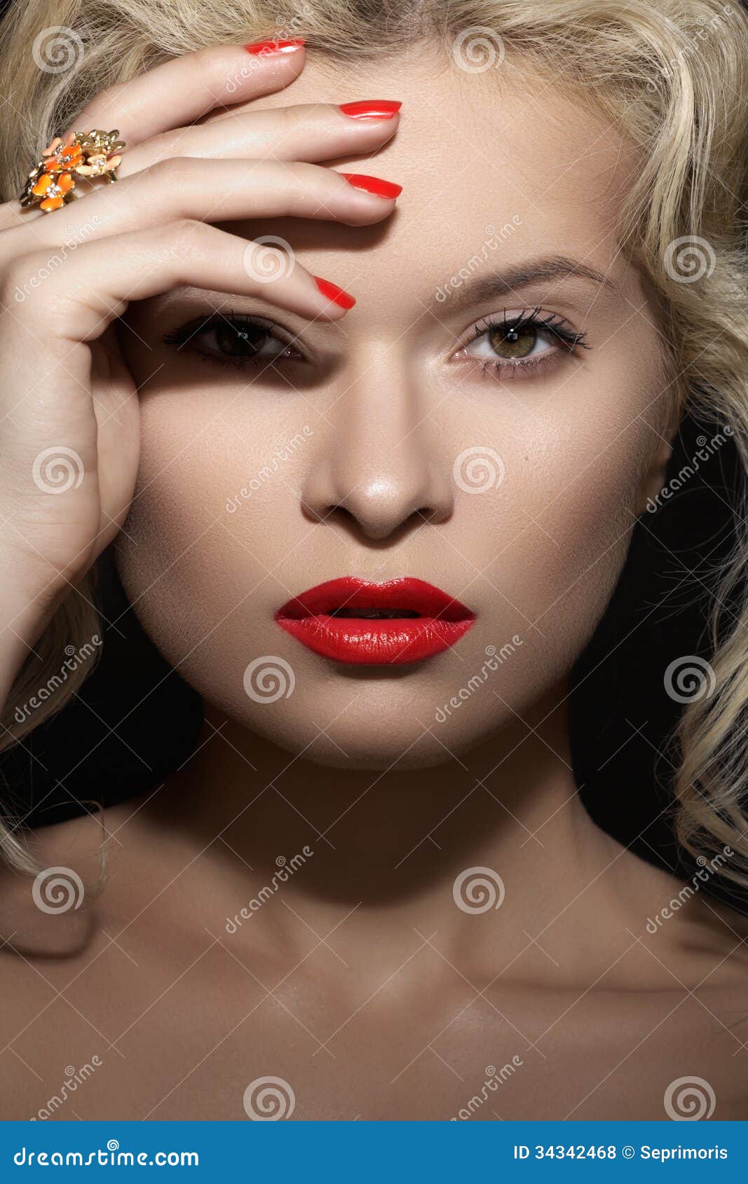 Blond Retro Model, Red Lips Make-up, Manicure & Jewelry 