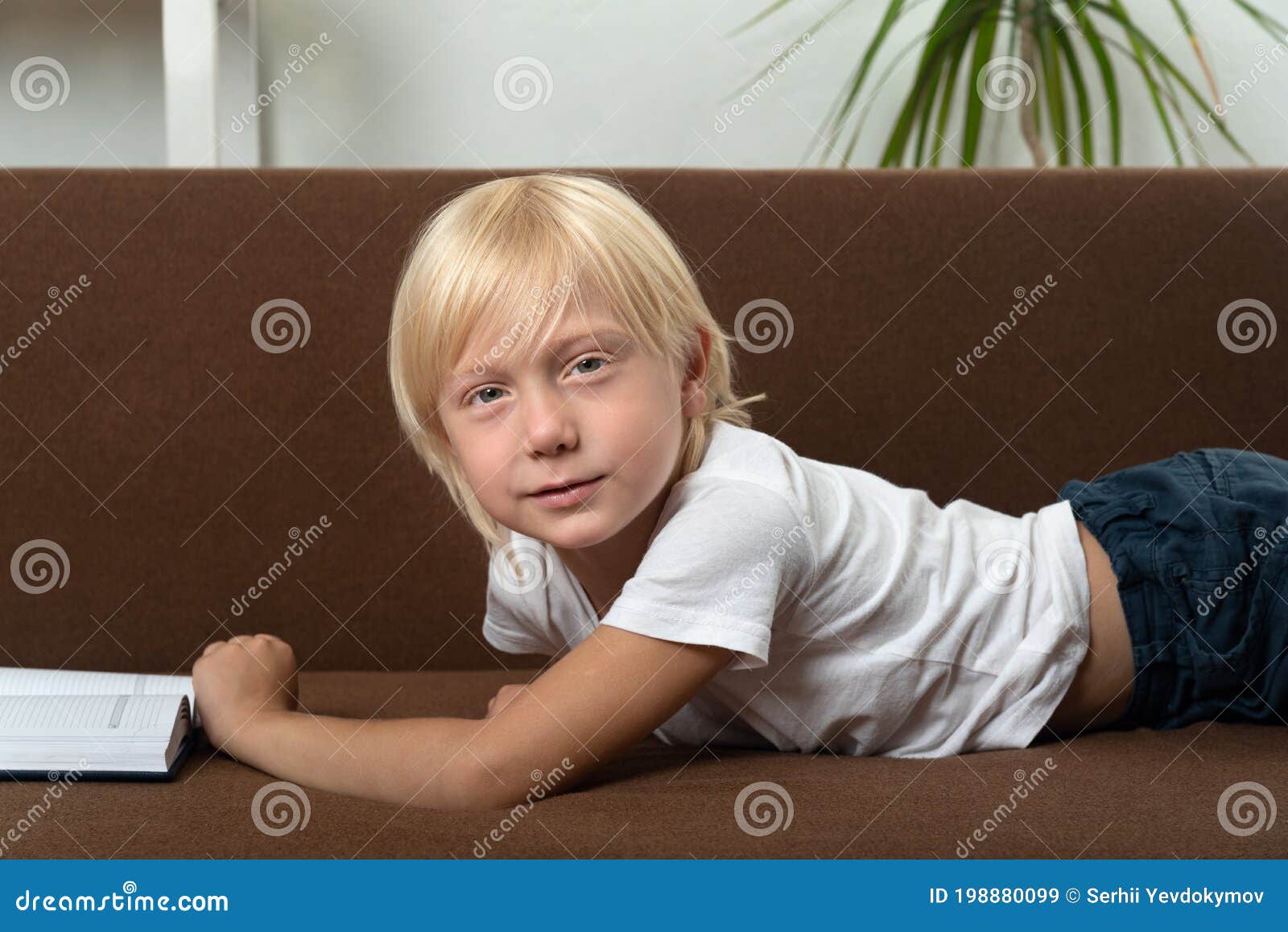 Blond Schoolboy is Lying on Couch with Book. Portrait of Boy with