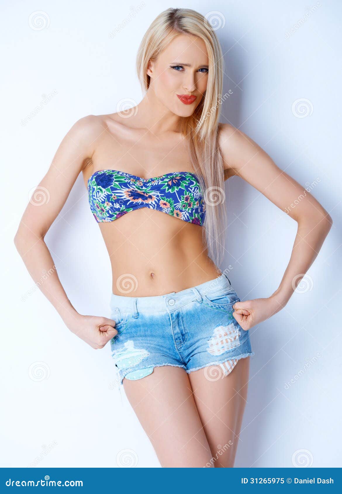 Blond Woman in Short Jeans and Bikini Bra Stock Image - Image of