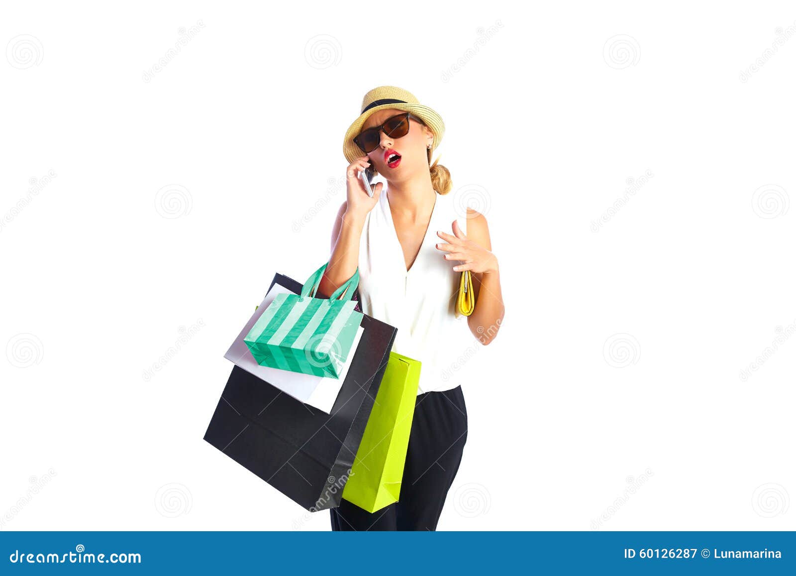 blond shopaholic woman bags and smartphone