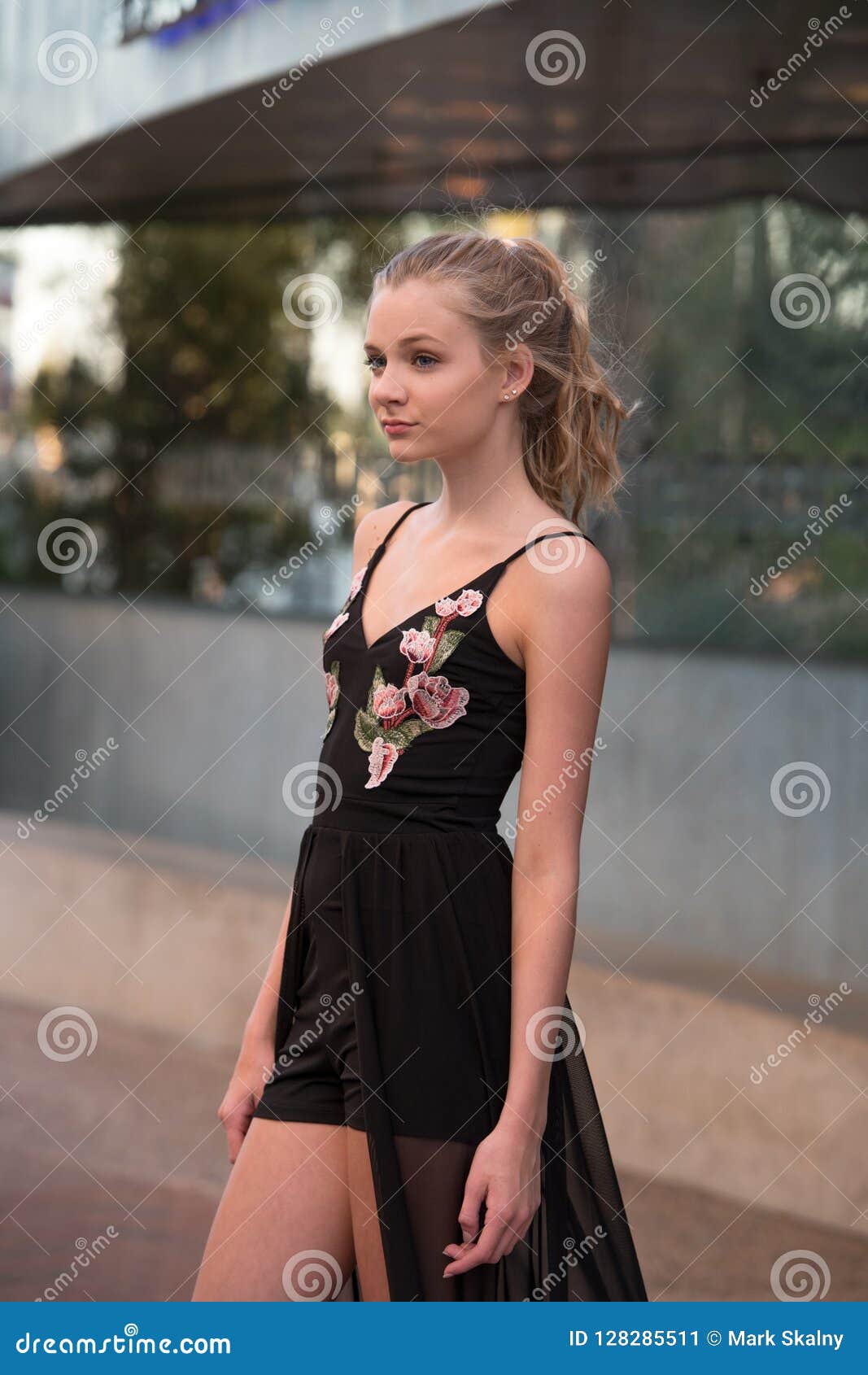 Blond Teen Girl Wearing Black Maxi Dress Stock Image - Image of cute ...