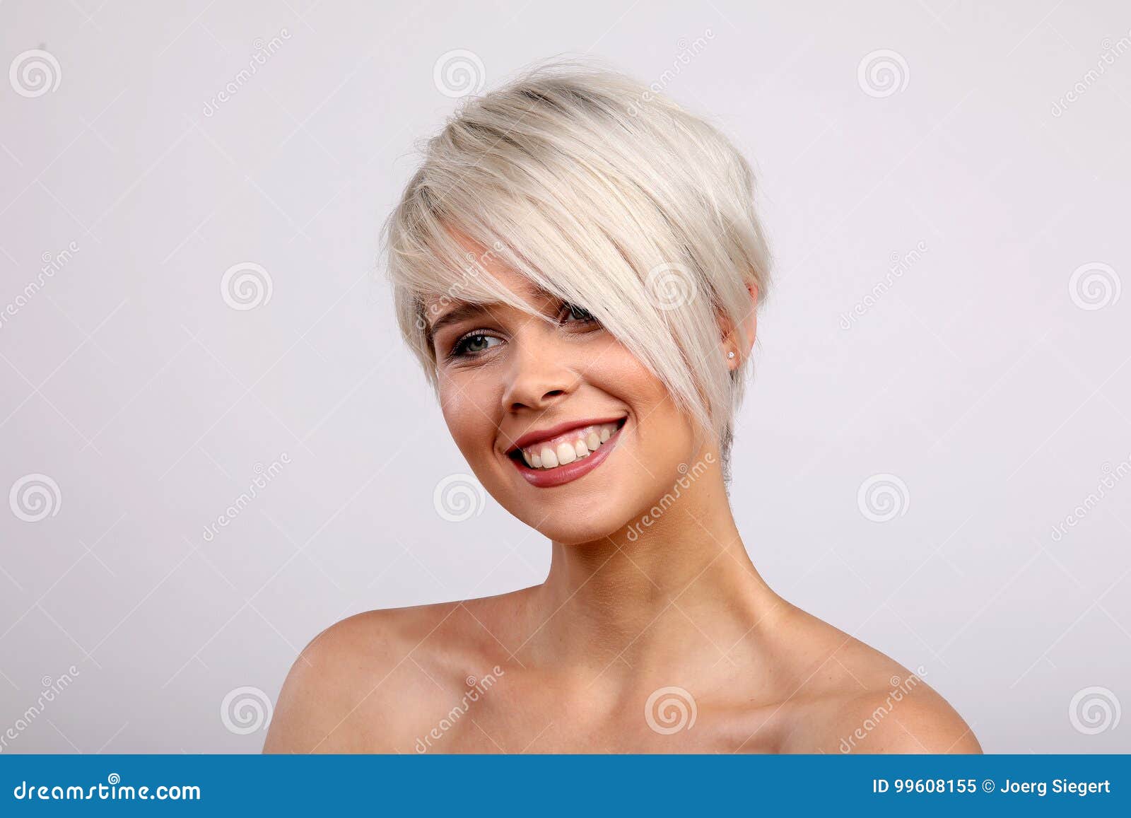 Blond Woman With Naked Shoulders Smiling Stock Photo 