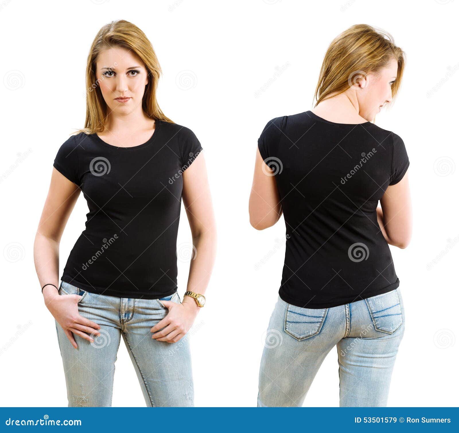 Download Blond Woman Wearing Blank Black Shirt Stock Image - Image ...