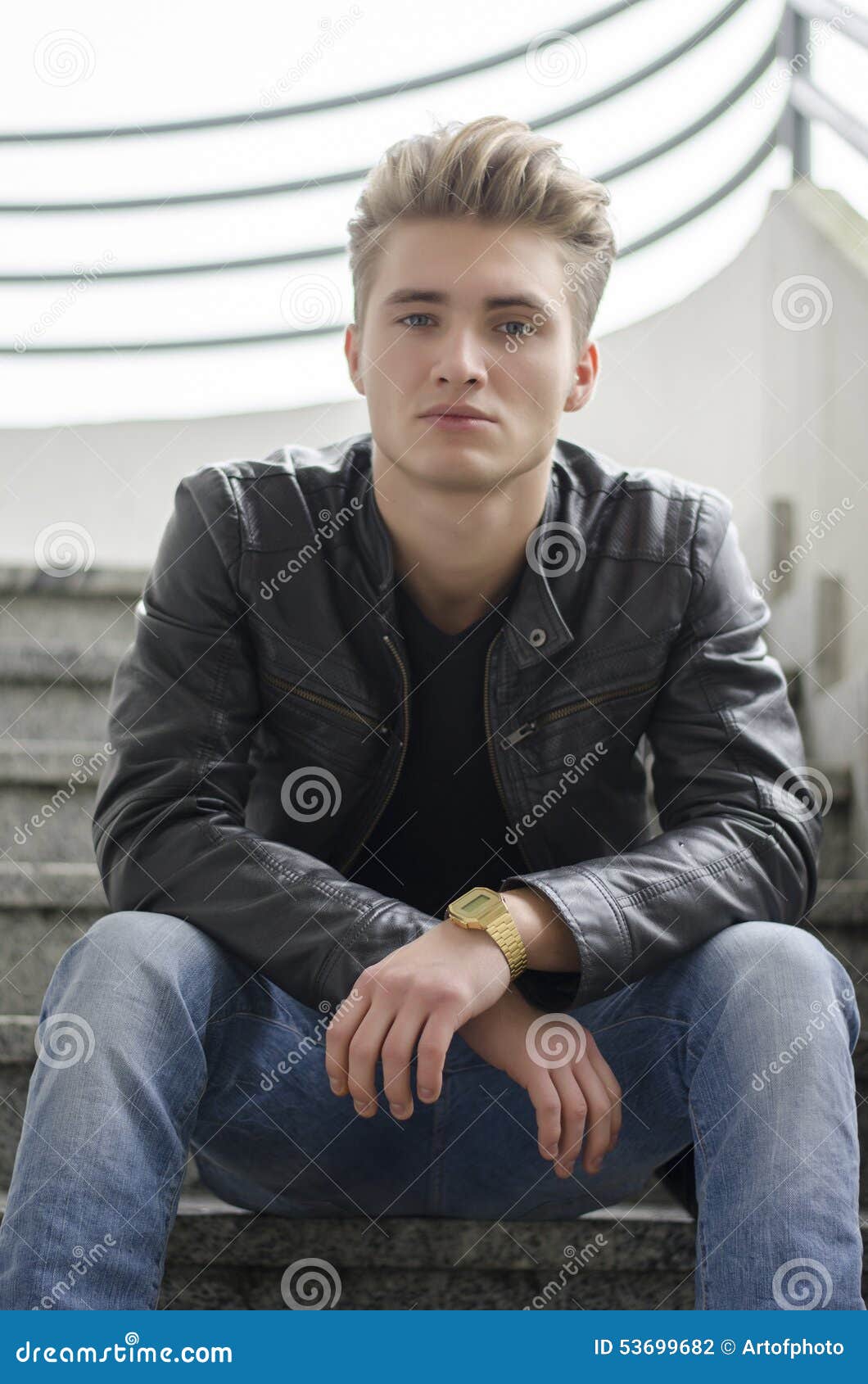 Blond Young Man Sitting on Stairs Outside Stock Photo - Image of hand ...