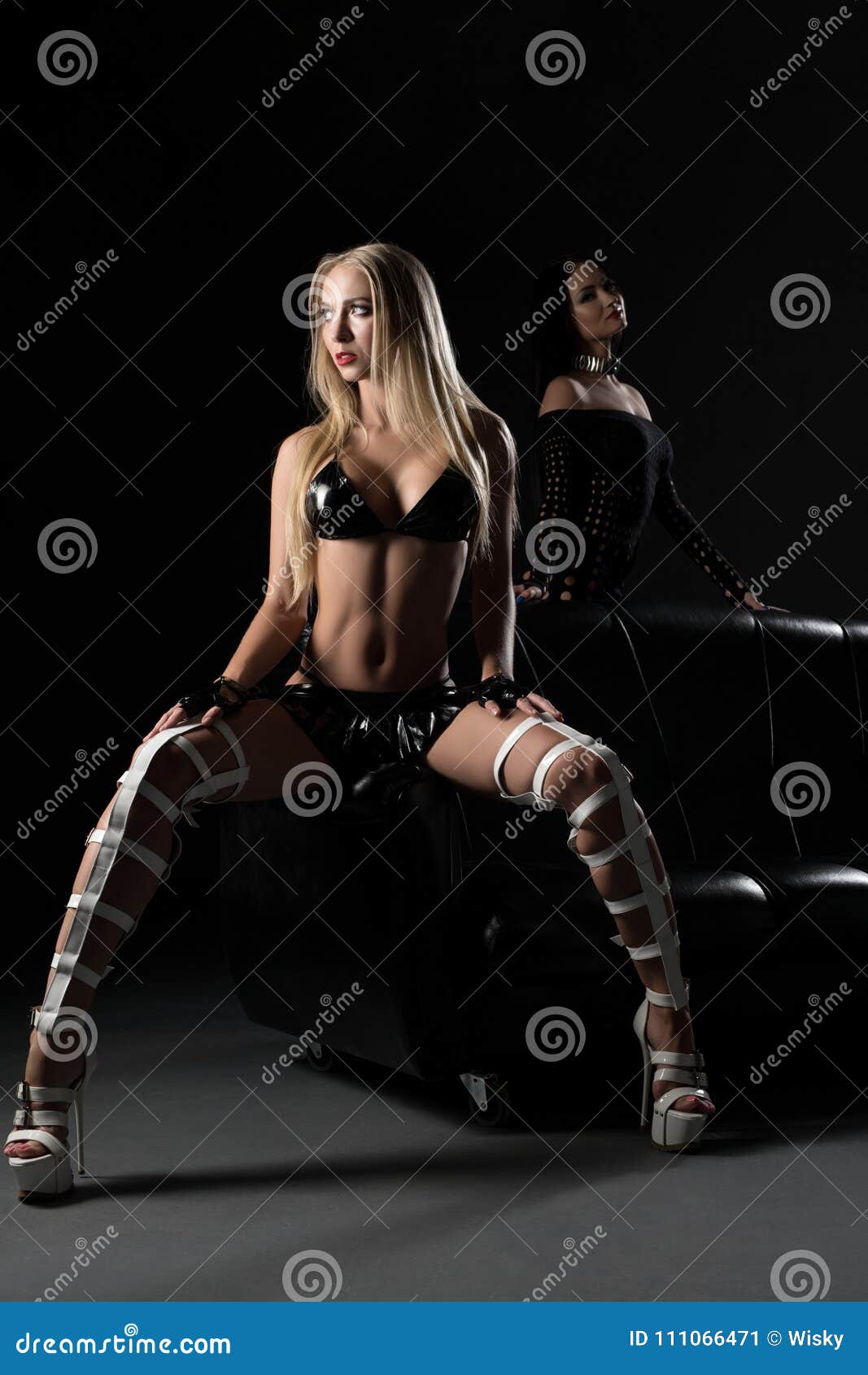 Blonde in Bdsm Leather Bra and High Heel Shoes Stock Image - Image of  fashion, figure: 111066471